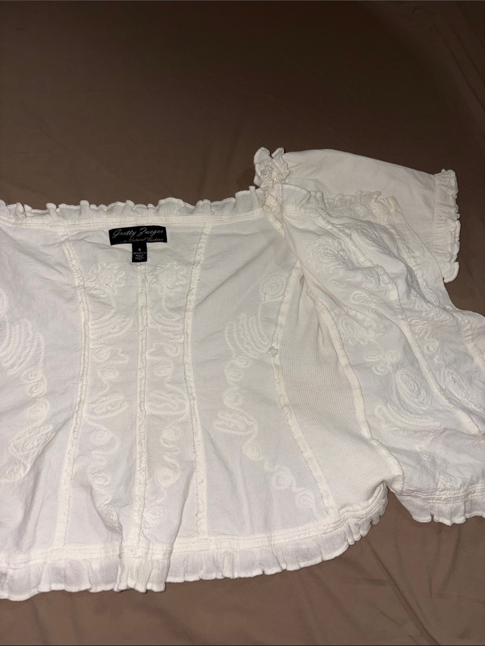 White Off-Shoulder Embroidered Ruffle Peasant Blouse - Picture 6 of 9
